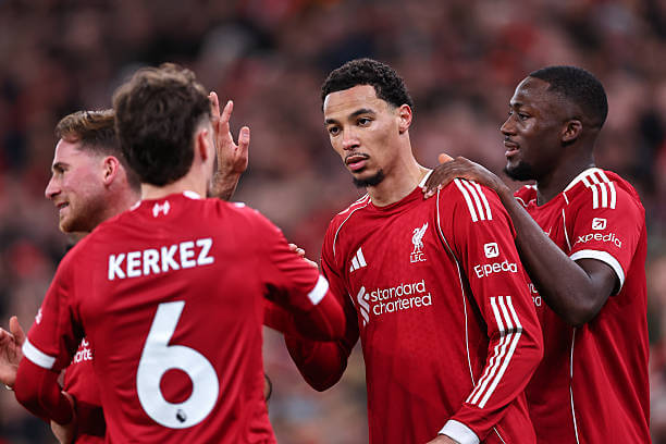 Liverpool vs Brighton Review: Hugo Ekitike celebrates his second goal of the game during the Premier League match between Liverpool and Brighton at Anfield on December 13, 2025.