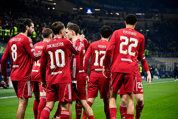 Inter vs Liverpool Review: Dominik Szoboszlai celebrates his goal with his teammates during the UEFA Champions League 2025/26 League Phase MD6 match between Intern and Liverpool at the Giuseppe Meazza on December 9, 2025.
