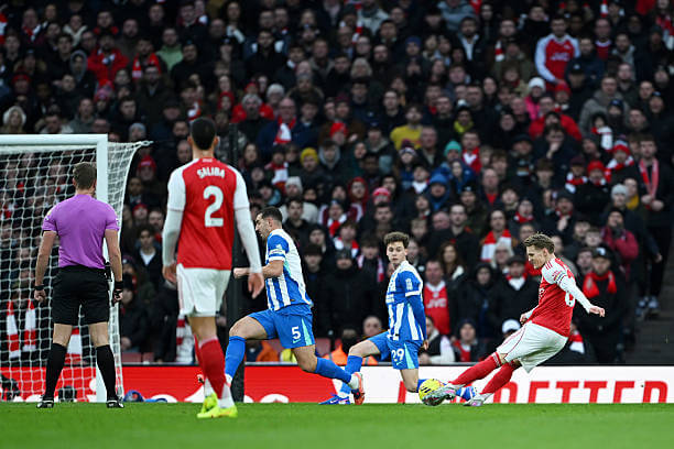 Arsenal vs Brighton Review: Martin Odegaard scores during the Premier League match between Arsenal and Brighton at the Emirates Stadium on December 27, 2025.