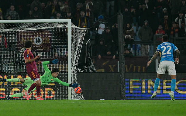AS Roma vs Napoli Review: Mile Svilar dives for the ball during the Serie A match between AS Roma and Napoli at the Stadio Olimpico on November 30, 2025.