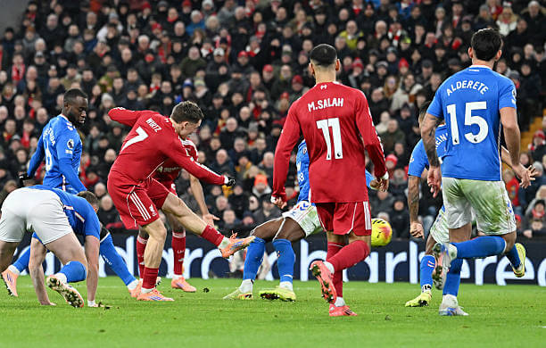 Liverpool vs Sunderland Review: Florian Wirtz's shot deflects off Nordi Mukiele for an own goal during the Premier League match between Liverpool and Sunderland at Anfield on December 03, 2025.