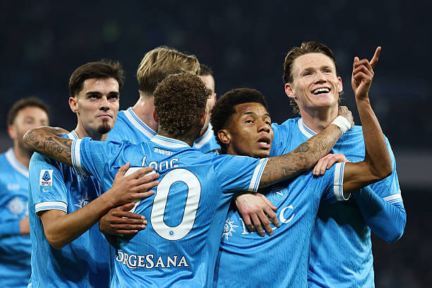 AS Roma vs Napoli Review: Napoli players celebrate during the Serie A match between AS Roma and Napoli at the Stadio Olimpico on November 30, 2025.