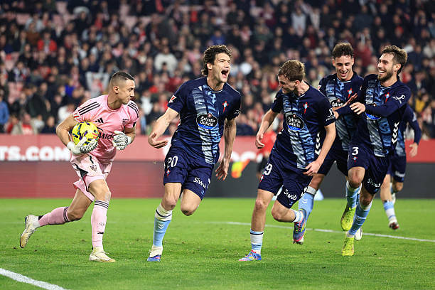 La Liga Roundup, Matchday 19: Marcos Alonso celebrates with his teammates after scoring from the penalty spot during the La Liga match between Sevilla and Celta Vigo at Estadio Ramon Sanchez Pizjuan on January 12, 2026.