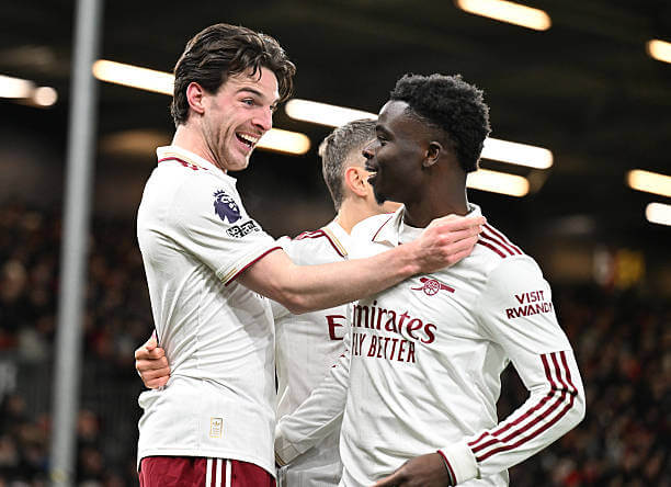 Bournemouth vs Arsenal Review: Declan Rice celebrates his second goal of the game with Bukayo Saka during the Premier League match between Bournemouth and Arsenal at the Vitality Stadium on January 03, 2026.