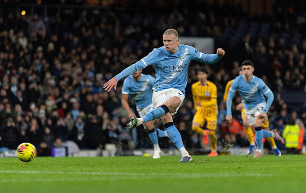 Manchester City vs Brighton Review: Erling Haaland scores a penalty during the Premier League match between Manchester City and Brighton at the Etihad Stadium on January 7, 2026.