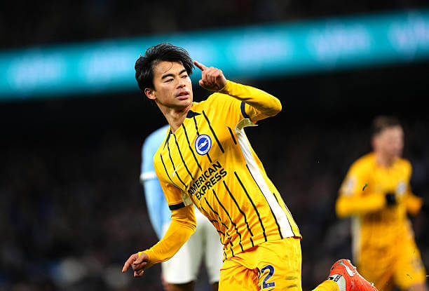 Manchester City vs Brighton Review: Kaoru Mitoma celebrates his goal during the Premier League match between Manchester City and Brighton at the Etihad Stadium on January 7, 2026.