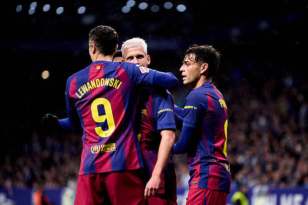 Espanyol vs Barcelona Review: Dani Olmo celebrates his goal with Robert Lewandowski during the La Liga match between Espanyol and Barcelona at the RCDE Stadium on January 03, 2026.