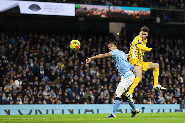 Manchester City vs Brighton Review: Pascal Gross wins a header against Nathan Ake but sees his effort saved during the Premier League match between Manchester City and Brighton at the Etihad Stadium on January 7, 2026.