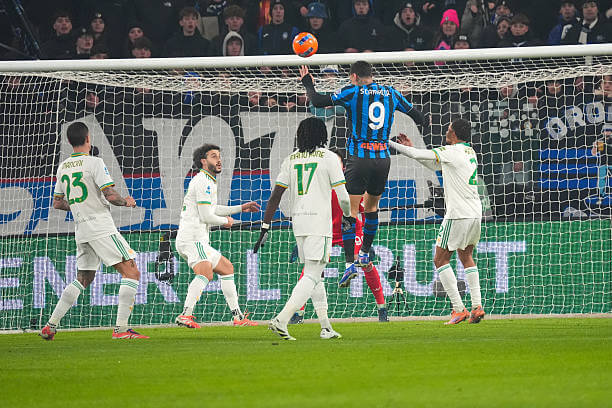 Atalanta vs AS Roma Review: Gianluca Scamacca scores a goal that was later disallowed for offside during the Serie A match between Atalanta and AS Roma at the New Balance Arena on January 03, 2026.